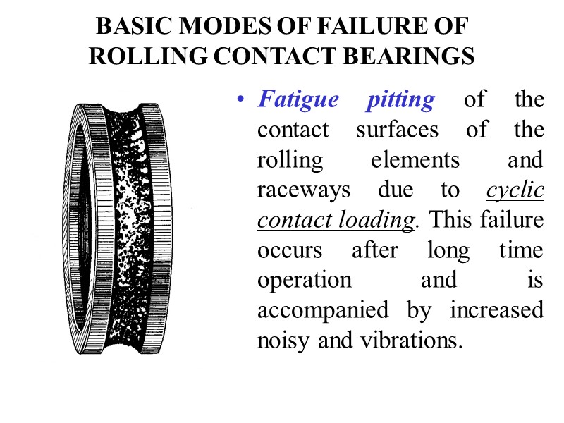 BASIC MODES OF FAILURE OF ROLLING CONTACT BEARINGS Fatigue pitting of the contact surfaces